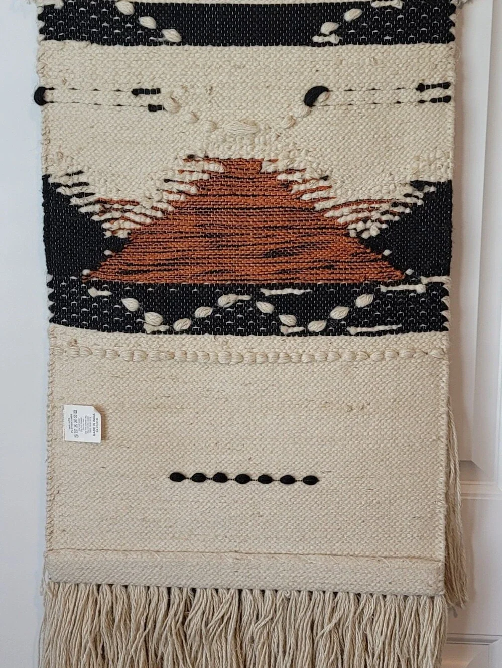 India Woven Jute Boho Wall Hanging - Neutral Cream, Black & Burnt Orange MCM